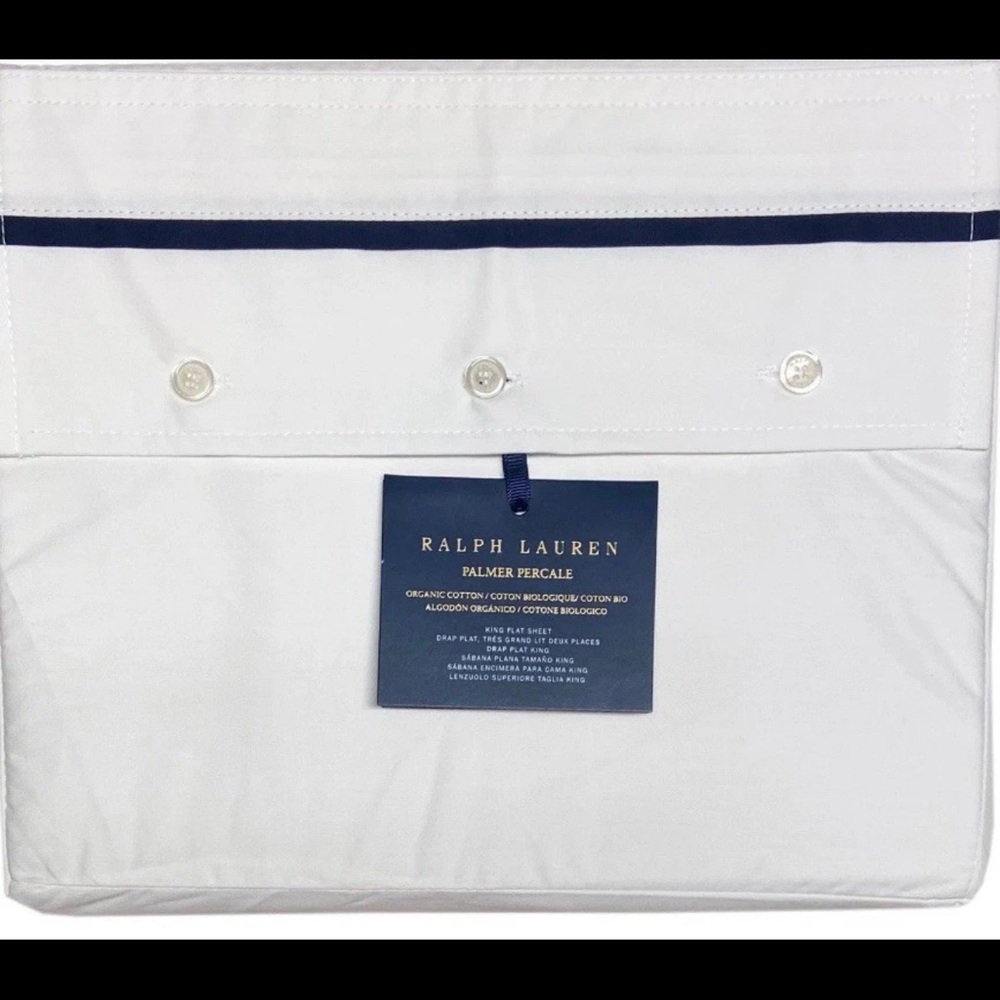 RALPH LAUREN Organic Cotton White Blue border KING FLAT SHEET Palmer Percale